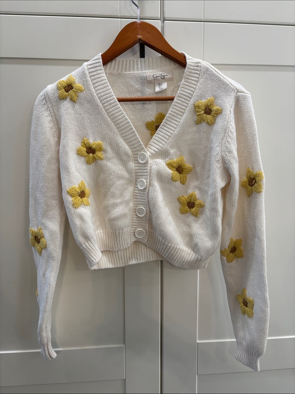Jessica Simpson Cream Cropped Cardigan with Yellow Floral Appliqués